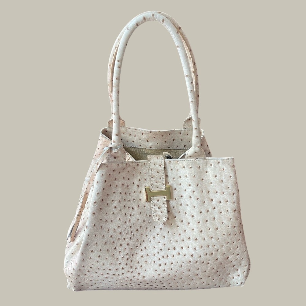 Vera Pelle Italian Leather Tote Bag Ostrich Embossed Cream Beige Made in Italy